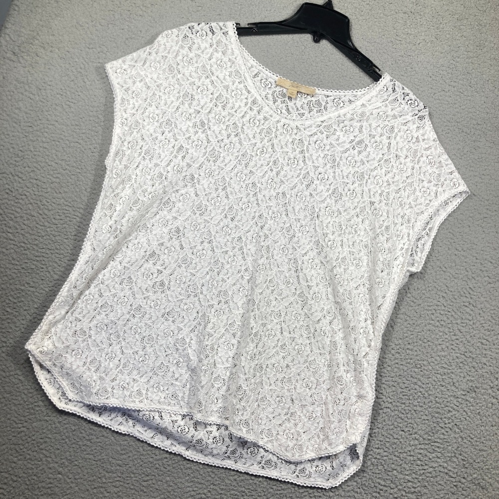 Motto Lace Blouse Womens 1X White Floral Scoop Neck Short Sleeve Sheer Coquette